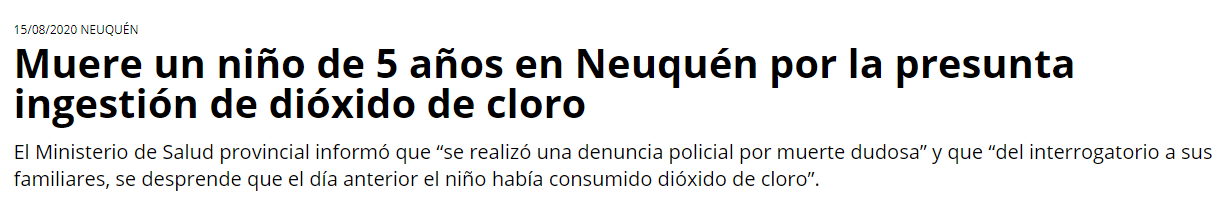 niño muere en neurquen por dioxido de cloro