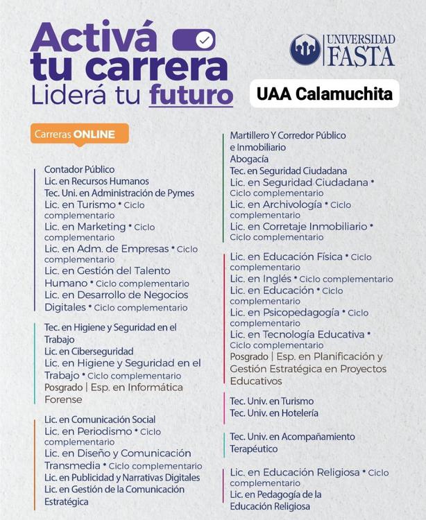 50 carreras online y a distancia desde Calamuchita  